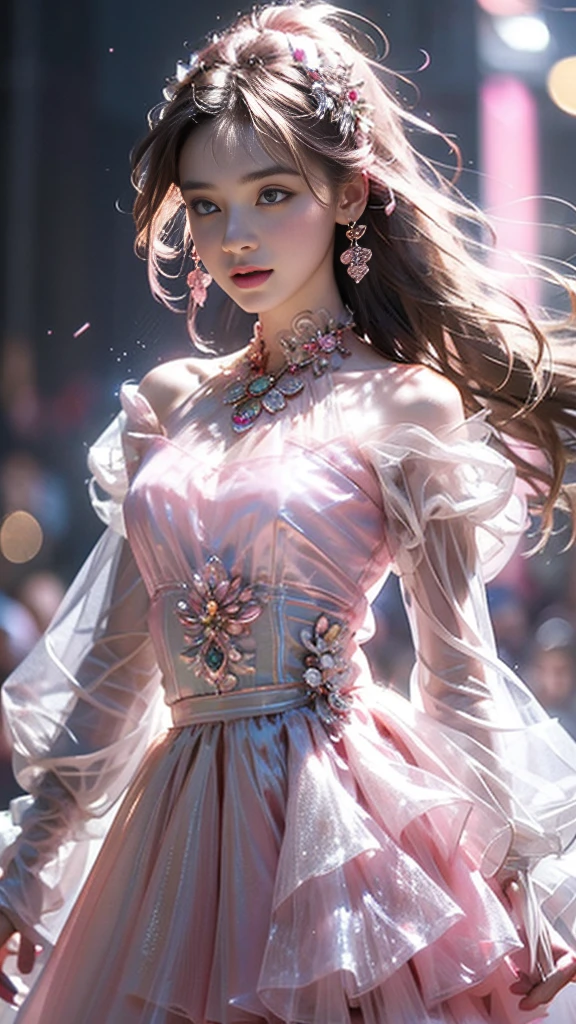 8K, Ultra high quality, masterpiece, 1 girl, (Good face:1.4), delicate eyes, Very long hair, Impressive hairstyle, earrings, necklace, Small Breasts, (Pink skirt:1.5), transparent, (Dreamy dress:1.5) Light-colored foundation brings out the transparency of the skin, (wonderland:1.5), mystery, diwali lights, Glowing lights, very ornamented, The lights fall like water, Perfect predecessor, sit,