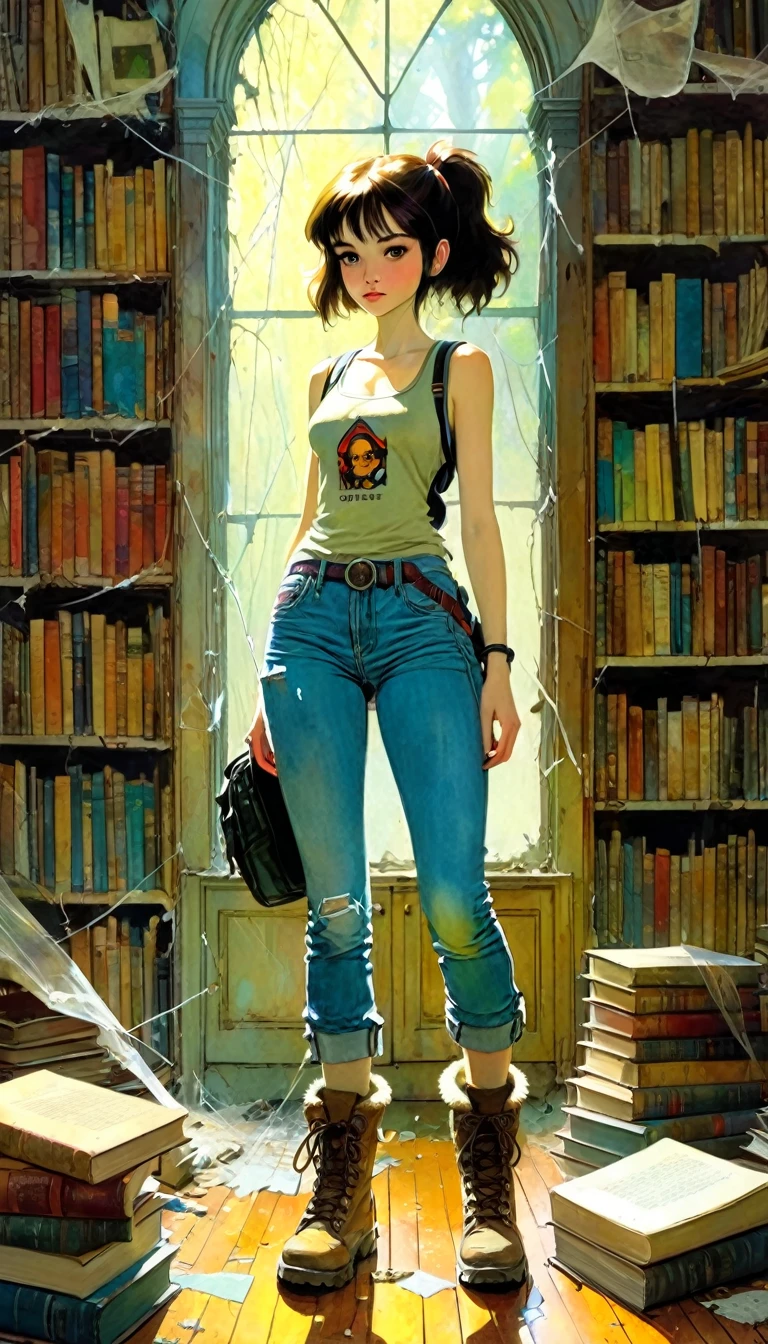 pretty girl, explorer, exploring a large library room in an abandoned house, jeans and tank top, hiking boots, everything old and full of dust and cobwebs, 80s, large library, lots of details,(art inspired in Bill Sienkiewicz, Ghibli colors). oil painting)
