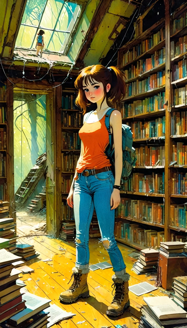 pretty girl, explorer, exploring a large library room in an abandoned house, jeans and tank top, hiking boots, everything old and full of dust and cobwebs, 80s, large library, lots of details,(art inspired in Bill Sienkiewicz, Ghibli colors). oil painting)
