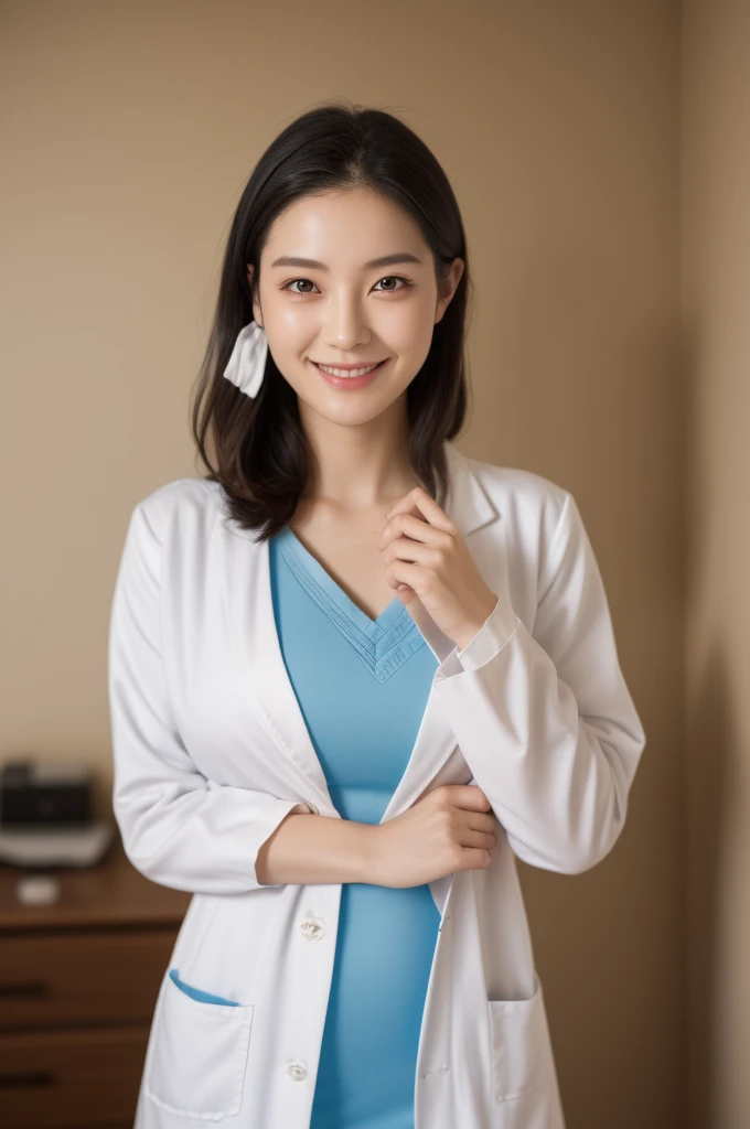 (masterpiece, best quality), 1girl, A beautiful young slim Japanese woman, wearing ((white lab coat)), [[light blue nurse dress]], [stockings], (((fingersmile))), (cowboy shot), extremely detailed face and eyes, detailed facial features, intricate details, realistic, photorealistic, photo-realistic:1.37, best quality, 8k, masterpiece:1.2, ultra-detailed, vivid colors, studio lighting, physically-based rendering, ((perfect face)), hospital room