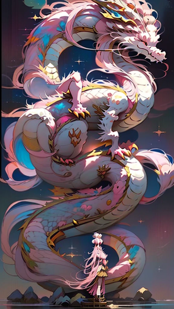 Golden Dragon。Rainbow glowing scales。龍god降臨。Golden Splash、milky way、god々々right、(((Girl standing on the back of a dragon)))、masterpiece, highest quality, High resolution, {Detailed and beautiful eyes}, finely, Detailed and beautiful eyes,1 Girl, (alone:1.5), (Hair Ribbon:0.4), Pink Eyes,Cinematic Angles,perspective,(((White bun hair))),(((Long pink hair))),whole body,