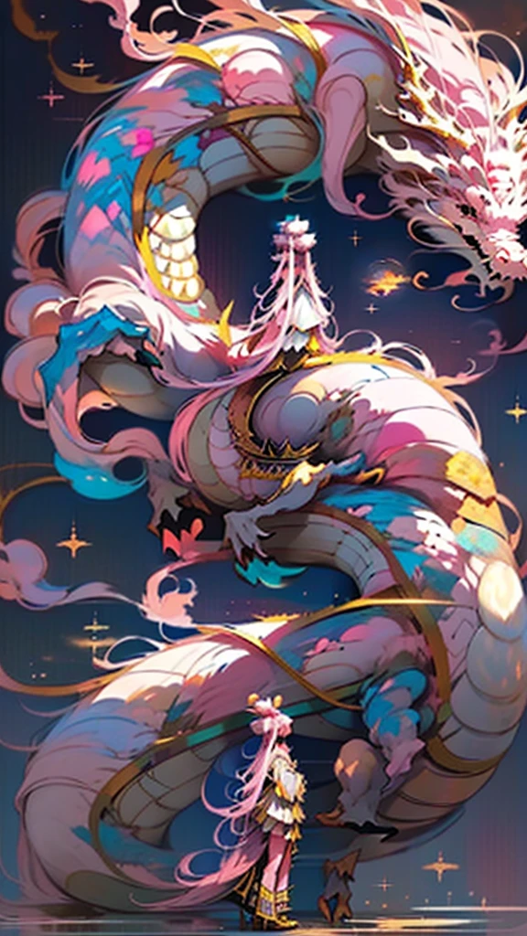Golden Dragon。Rainbow glowing scales。龍god降臨。Golden Splash、milky way、god々々right、(((Girl standing on the back of a dragon)))、masterpiece, highest quality, High resolution, {Detailed and beautiful eyes}, finely,  Detailed and beautiful eyes,1 Girl, (alone:1.5),  (Hair Ribbon:0.4), Pink Eyes,Cinematic Angles,perspective,(((White bun hair))),(((Long pink hair))),whole body,