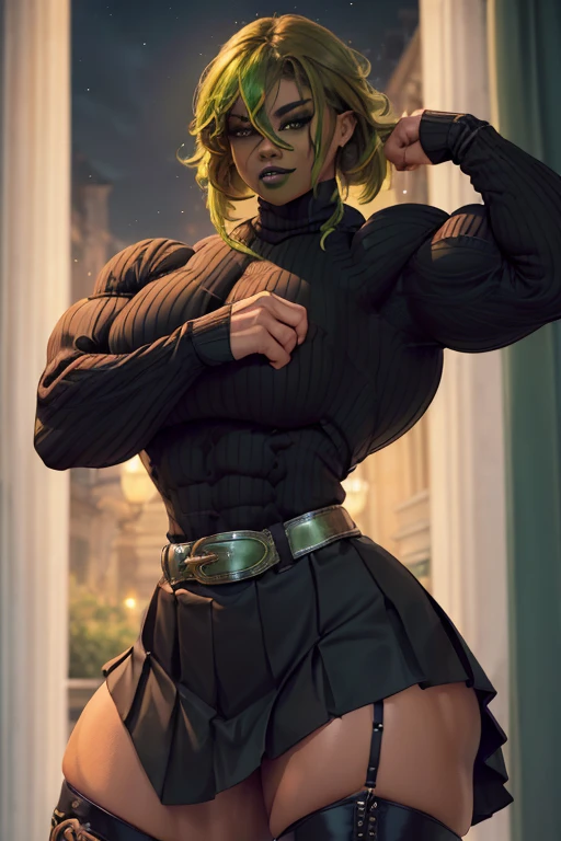 (((((Massive, beautiful, buff, light brown skinned muscular woman with green hair, black lipstick, ginormous bulky muscles and wearing a beautiful black long-sleeved turtleneck sweater with black pleated skirt))))), (close view), (massive muscles), hyper muscles, long curvy hair, ((chained belt)), orange eyes, choker, ((black long-sleeved turtleneck sweater)), (beautiful pleated skirt), belt, black boots, (in the Star beautiful village), closed smile, night, ginormous muscles