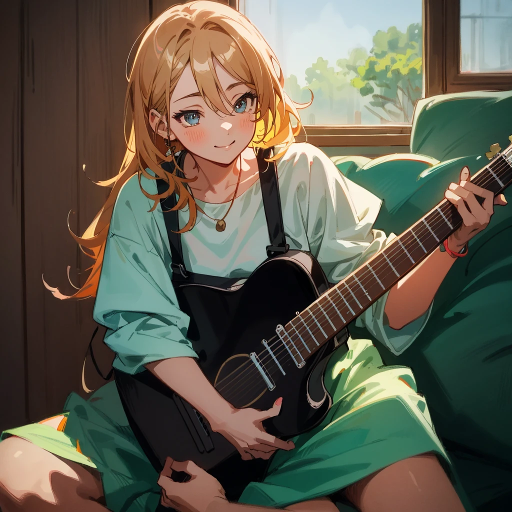 Woman sitting Play the guitar with both eyes closed in front of window, gentle smile, How to draw a realistic and cute anime girl, anime girl Play the guitar, Play the guitar, anime woman Play the guitar, soft digital painting, musician, Play the guitar, artistic, realistic art style, Beautiful art illustration, Beautiful digital artwork
