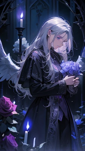 Angels, purple lamp, haunting, mysterious, imprisoned, books, chains, bioluminescent path, candles, briar, roses, thorns, bushes, silver hair