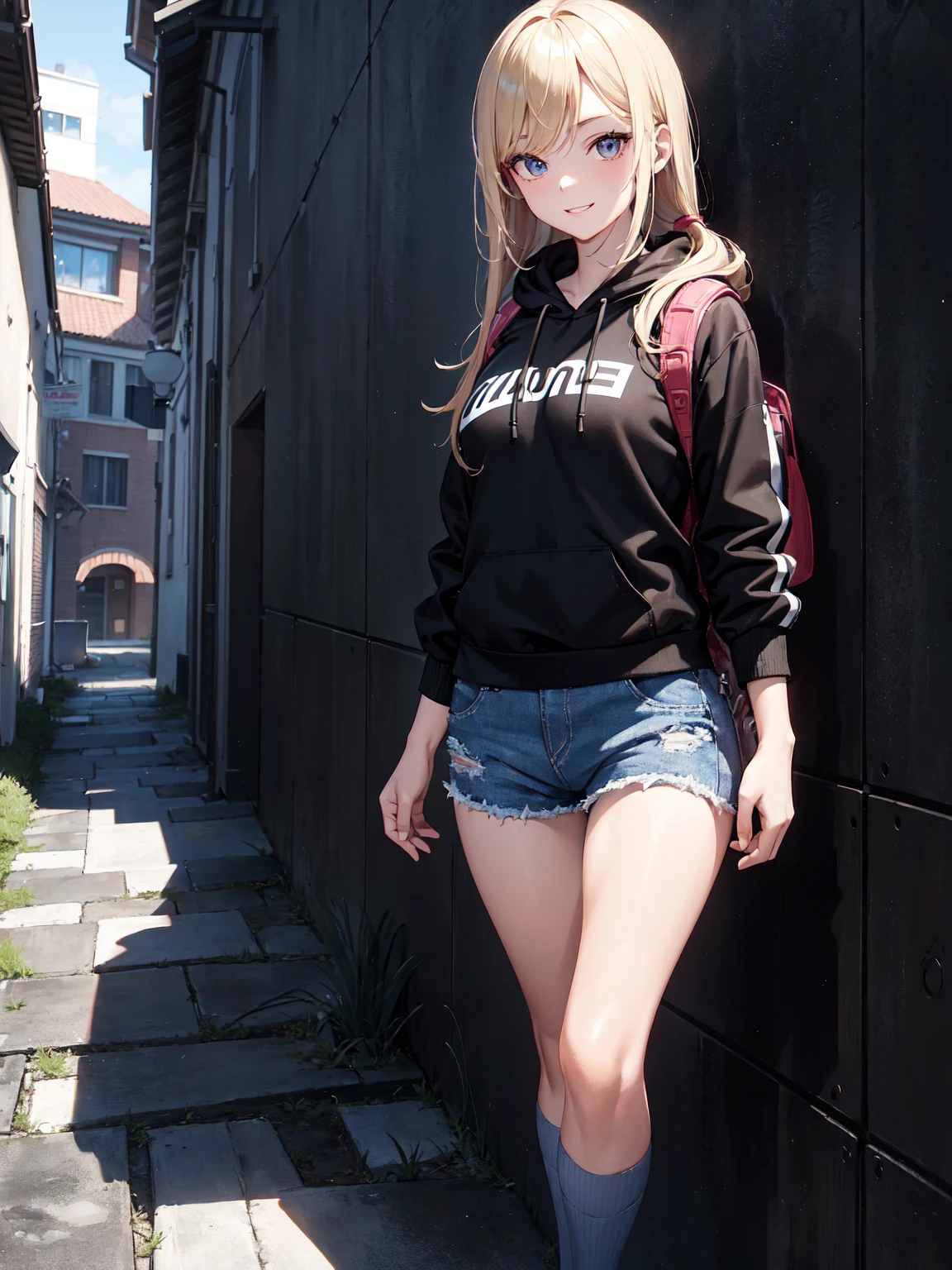 Sexy Western female student, sporty posture, mid-length blond hair, minimal makeup, university hoodie, tight denim shorts, knee-high socks, sneakers, backpack over one shoulder, youthful, standing, leaning against a wall, confident smile, soft ambient lighting, clear skin texture, casual and trendy,Detailed face,detailed eyes,detailed nose,detailed mouth,((UHD,masterpiece,super detail,award winning:1.4,best quality:1.2,highres,high quality)),