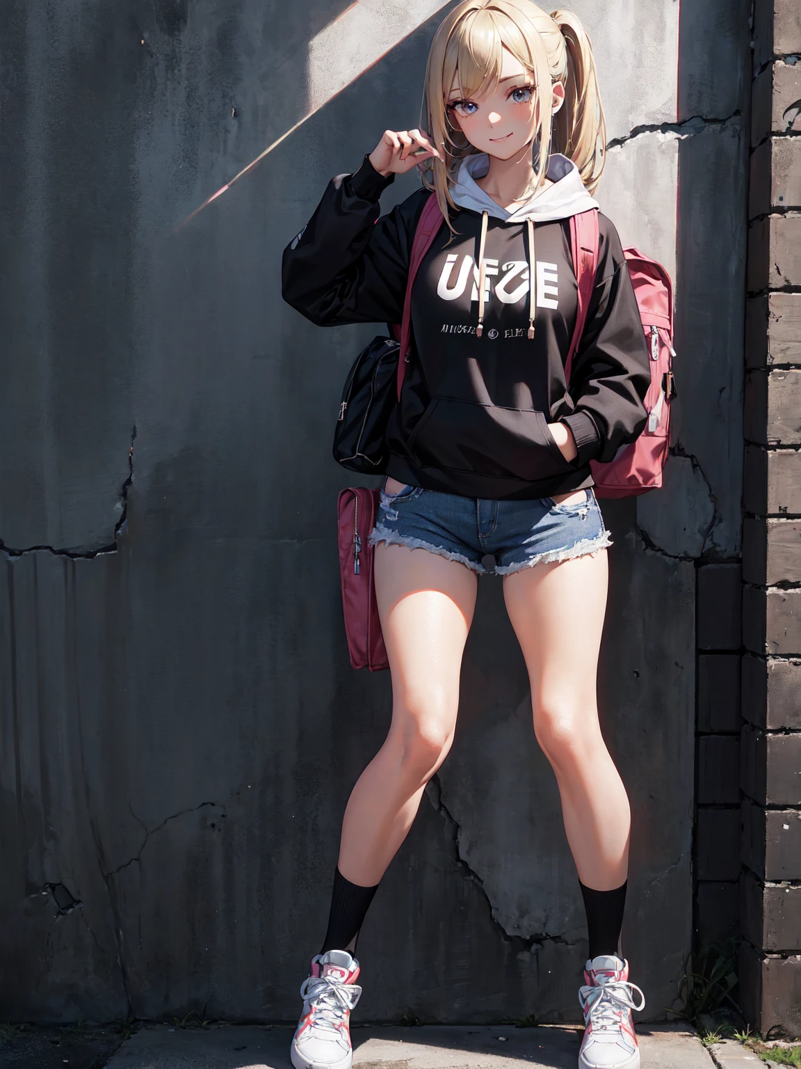 Sexy Western female student, sporty posture, mid-length blond hair, minimal makeup, university hoodie, tight denim shorts, knee-high socks, sneakers, backpack over one shoulder, youthful, standing, leaning against a wall, confident smile, soft ambient lighting, clear skin texture, casual and trendy,Detailed face,detailed eyes,detailed nose,detailed mouth,((UHD,masterpiece,super detail,award winning:1.4,best quality:1.2,highres,high quality)),