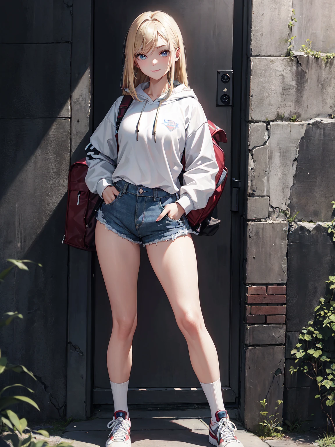 Sexy Western female student, sporty posture, mid-length blond hair, minimal makeup, university hoodie, tight denim shorts, knee-high socks, sneakers, backpack over one shoulder, youthful, standing, leaning against a wall, confident smile, soft ambient lighting, clear skin texture, casual and trendy,Detailed face,detailed eyes,detailed nose,detailed mouth,((UHD,masterpiece,super detail,award winning:1.4,best quality:1.2,highres,high quality)),