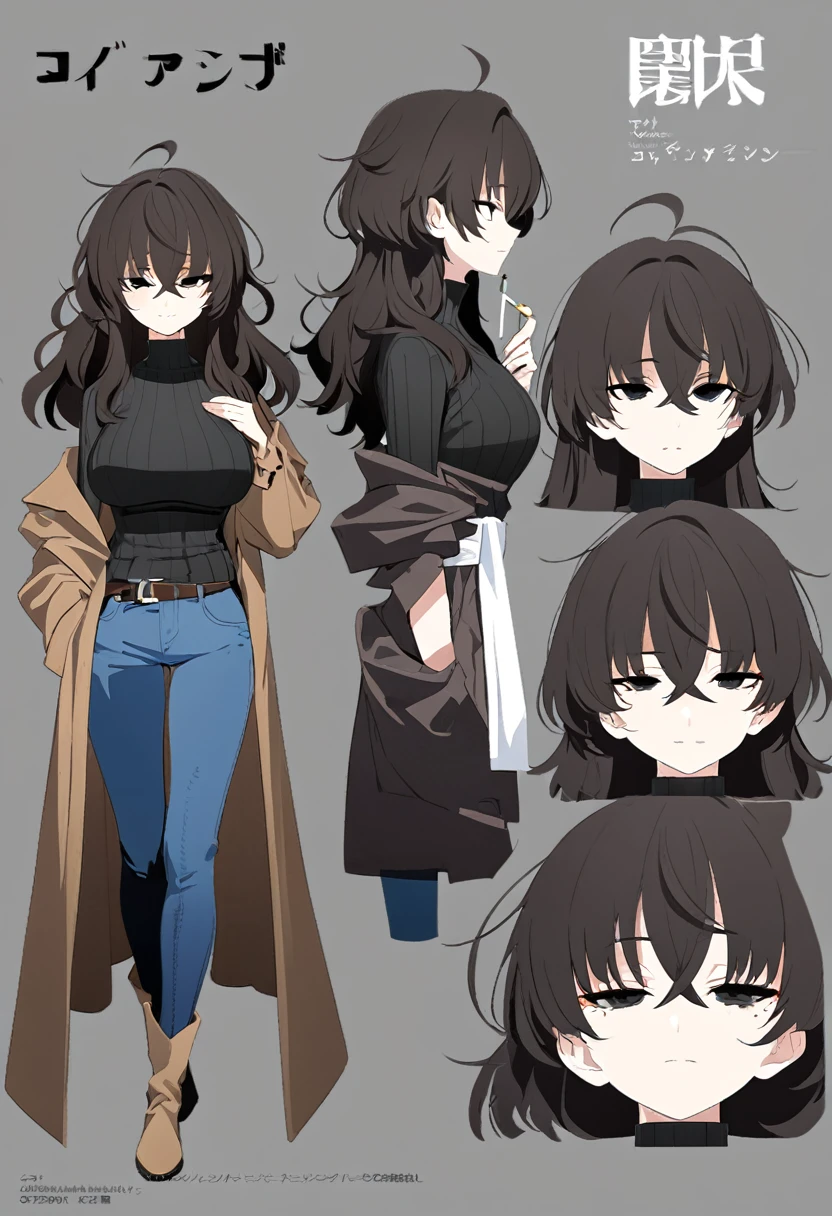 One Woman,Downer,older sister,Concept Art,Dark brown hair,Straight hair with slight inward curls,Staring eyes,Eye Ridge,black eye,Crossed bangs,whole body,smile,Larger breasts,Gray background,Bangs that reach down to the eyes,Messy hair,Tight dark jeans,Dark brown turtleneck sweater,Multiple views of the same character,Character Design,Dark circles under the eyes,Bad look,Listless,Sloppy,accessories,Cafe staff,Holding a cigarette,whole bodyCharacter Design,Detailed hands,Height: 170cm,boots,Brown coat,