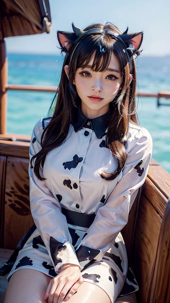 (cow pattern uniform:1.3), (Cat ears:1.3), Many cows, sundown seashore,