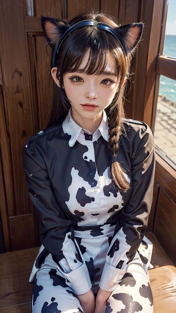 (cow pattern uniform:1.3), (Cat ears:1.3), Many cows, sundown seashore,