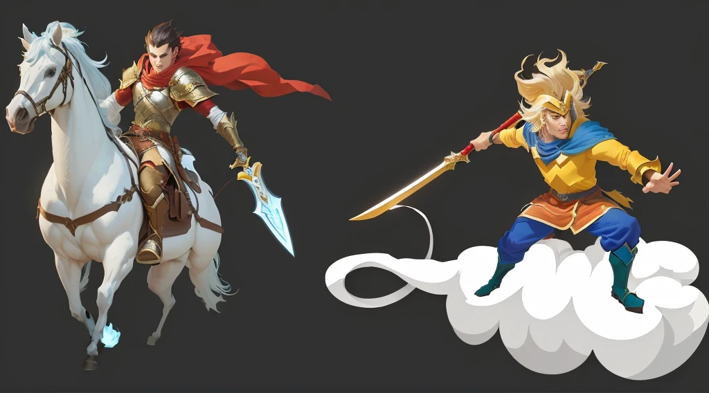 There are two cartoon characters，A horse riding，One with a sword, High-quality character design, Video game character design, Magical Fantasy 2D Concept Art, The struggle between good and evil, game character art, Game character design, Hero 2D Fanart Art, 2D Game Art, 2D Game Art, dnd fantasy art, video Game character design