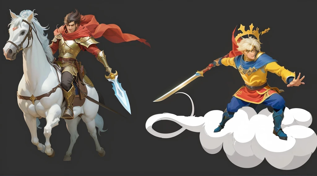 There are two cartoon characters，A horse riding，One with a sword, High-quality character design, Video game character design, Magical Fantasy 2D Concept Art, The struggle between good and evil, game character art, Game character design, Hero 2D Fanart Art, 2D Game Art, 2D Game Art, dnd fantasy art, video Game character design