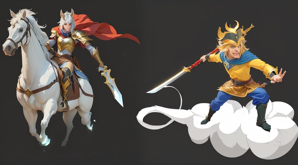 There are two cartoon characters,A horse riding,One with a sword, High-quality character design, Video game character design, Magical Fantasy 2D Concept Art, The struggle between good and evil, game character art, Game character design, Hero 2D Fanart Art, 2D Game Art, 2D Game Art, dnd fantasy art, video Game character design