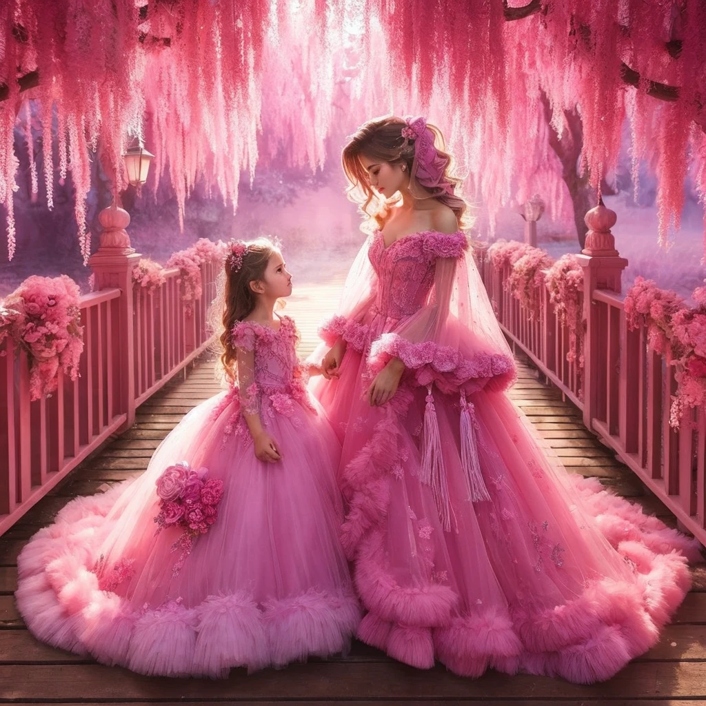 very beautiful Indonesian mother and daughter brown hair in soft pink dresses, pastel colors on the bridge, in a fresh green realistic forest, wearing soft pink dresses, pastel colors, tassels and ribbon ruffles, fantasy dresses, wearing soft pink dresses, pastel colors , soft party dress, pastel colors, soft pink romantic tutu, pastel colors, magic dress, soft pink dress, pastel colors, in a long dress in soft pink pastel colors or purple, wearing a beautiful dress, soft pink tutu in pastel colors, wearing a romantic tutu soft pastel pink