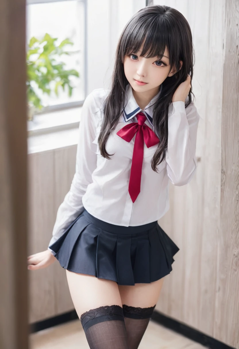 (Rear insertion position, Sex preparation:1.2), Black Hair, Long Hair, Cute Hips, lure, (school uniform、Check skirt、Sexy Shorts、Garter Stockings), (Turn around and put your hands on the wall), Inside the pussy, Vagina、Bend、nsfw、BREAK Perfect Anatomy、highest quality、(cute:1.1)、(cute)、(High resolution:1.2)、Unbelievably absurd:1.3、Incredible illustrations、(cuteイラスト:1.2)、Beautiful background、(1 girl) 、solo)、(10th Generation、JK、 face、Small breasts:1.2)、slender、(Brat、)、,(tooth:0.6)、Cheeky 、from behind