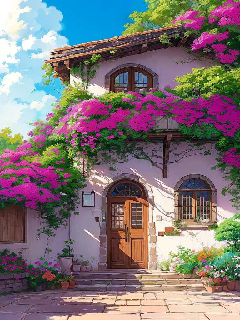 a painting of a house with a bunch of flowers on the front, anime background art, beautiful anime scene, beautiful anime scenery, beautiful wallpaper, beatiful house, beautiful aesthetic, house background, lush flowery outdoors, anime beautiful peace scene, flowery cottage, amazing wallpaper, colorful house, beautiful digital painting, beautiful colorful, beautiful and aesthetic, beautiful digital artwork