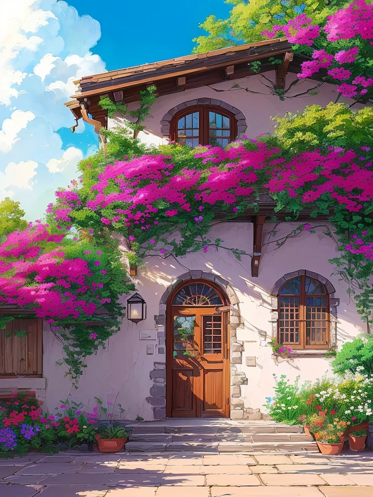 a painting of a house with a bunch of flowers on the front, anime background art, beautiful anime scene, beautiful anime scenery, beautiful wallpaper, beatiful house, beautiful aesthetic, house background, lush flowery outdoors, anime beautiful peace scene, flowery cottage, amazing wallpaper, colorful house, beautiful digital painting, beautiful colorful, beautiful and aesthetic, beautiful digital artwork