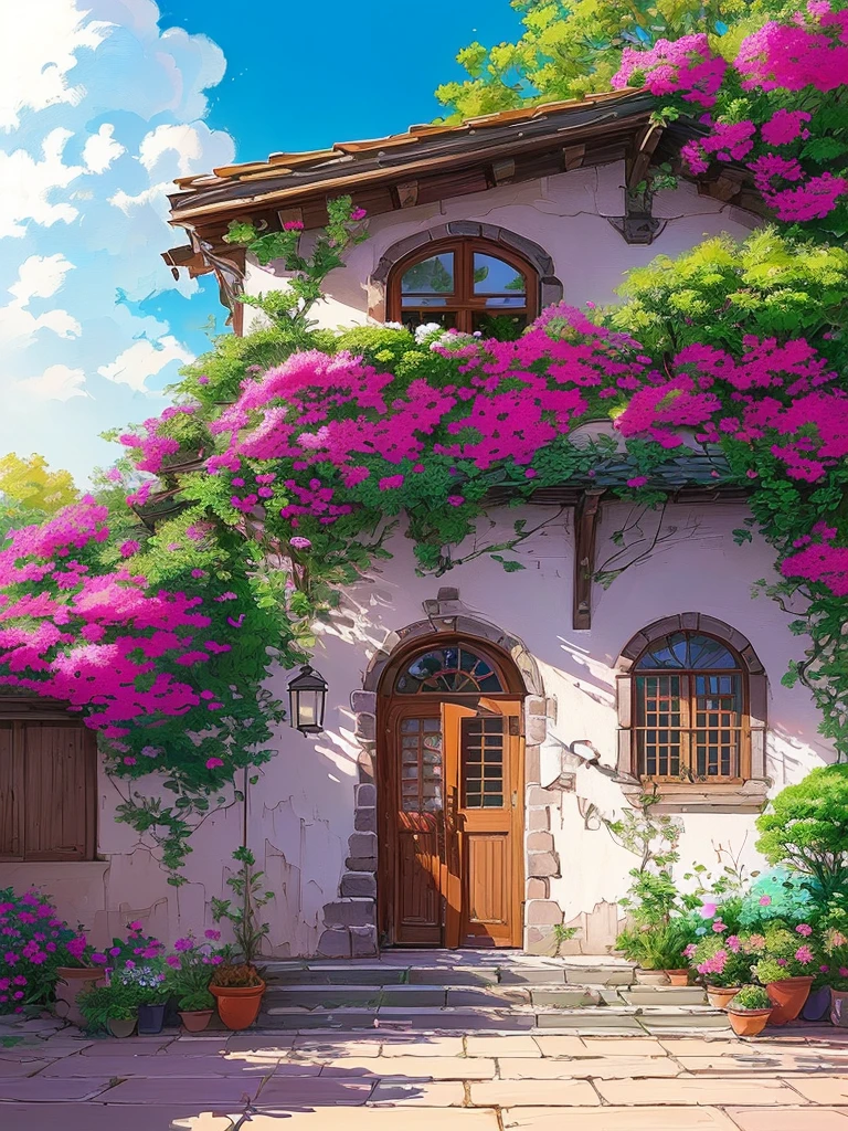 a painting of a house with a bunch of flowers on the front, anime background art, beautiful anime scene, beautiful anime scenery, beautiful wallpaper, beatiful house, beautiful aesthetic, house background, lush flowery outdoors, anime beautiful peace scene, flowery cottage, amazing wallpaper, colorful house, beautiful digital painting, beautiful colorful, beautiful and aesthetic, beautiful digital artwork