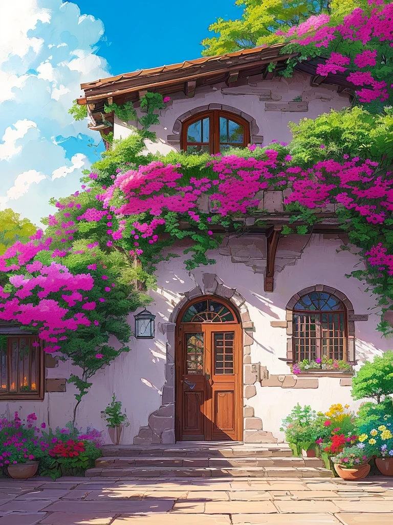 a painting of a house with a bunch of flowers on the front, anime background art, beautiful anime scene, beautiful anime scenery, beautiful wallpaper, beatiful house, beautiful aesthetic, house background, lush flowery outdoors, anime beautiful peace scene, flowery cottage, amazing wallpaper, colorful house, beautiful digital painting, beautiful colorful, beautiful and aesthetic, beautiful digital artwork