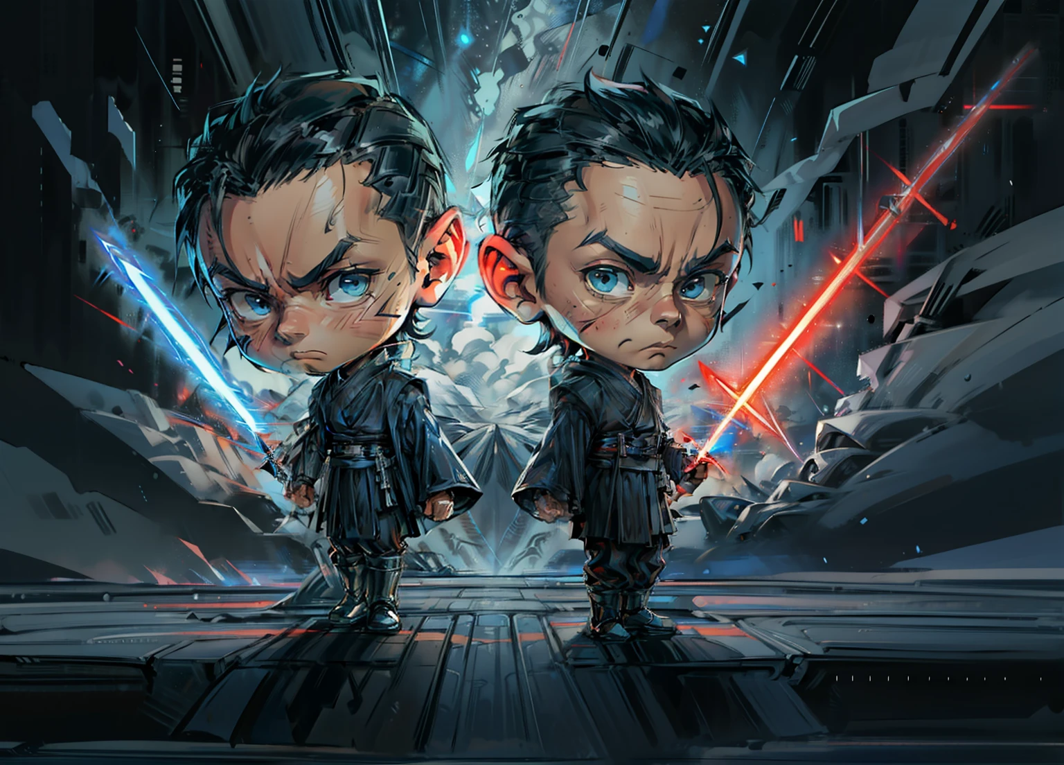 1boy, Two young jedi, Chibi, Serious face, black hair, muscular, ((jedi outfit)), holding blue light saber, blue sky, cloud