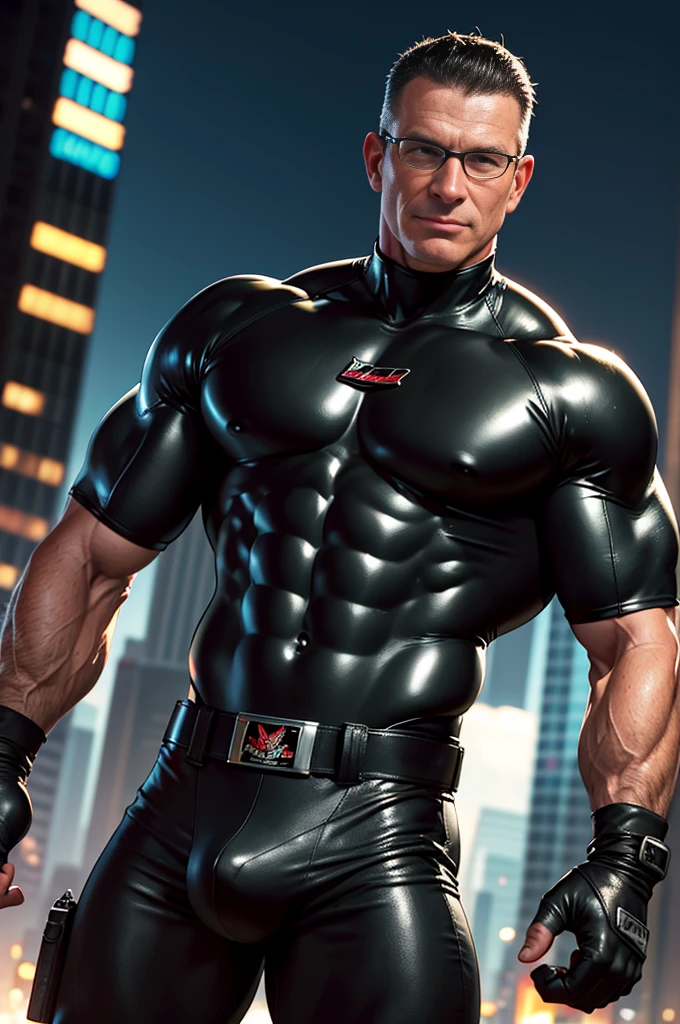 analog style, masterpiece, best quality, highres, realistic, cinematic portrait of Robert Irvine as a smug young handsome extremely muscular superhero bodybuilder with black hair wearing a black leather wetsuit with leather gloves and a utility belt, background a city, high detail, sharp focus, detailed background, vivid colours, steroids, heartthrob, daddy, powerful chest, smirk