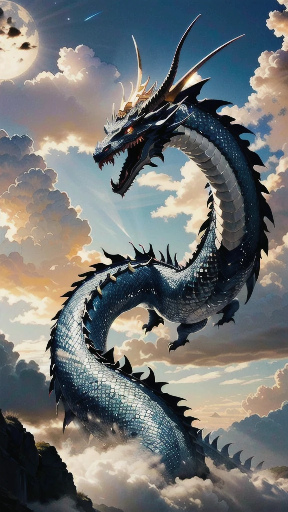 best quality,masterpiece,highly detailed,ultra-detailed, 
loong, eastern dragon, dragon, no humans, horns, scales, claws, cloud, sky, looking at viewer