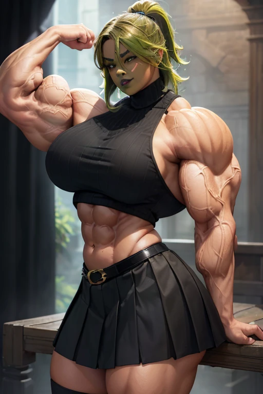 (((((Massive, beautiful, buff, light brown skinned muscular woman with green hair, black lipstick, ginormous bulky muscles and wearing a beautiful black long-sleeved turtleneck sweater with black pleated skirt))))), (close view), (massive muscles), hyper muscles, long curvy hair, ((chained belt)), orange eyes, choker, ((black long-sleeved turtleneck sweater)), (beautiful pleated skirt), belt, black boots, (in the Star beautiful village), closed smile, night, ginormous muscles