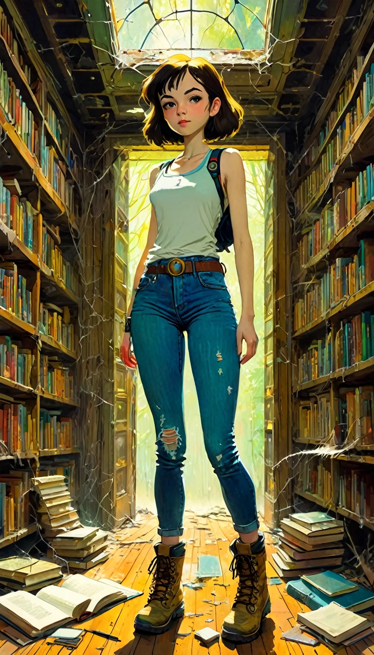 pretty girl, explorer, exploring a large library room in an abandoned house, jeans and tank top, hiking boots, everything old and full of dust and cobwebs, 80s, large library, lots of details,(art inspired in Bill Sienkiewicz, Ghibli colors). oil painting)
