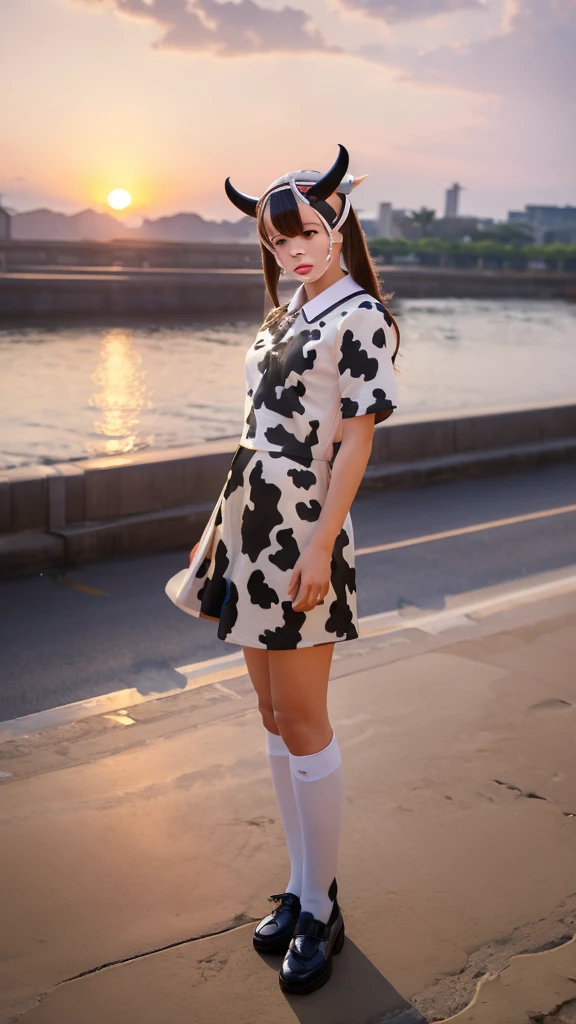 (cow pattern uniform:1.3), (Cat ears:1.3), Many cows, sundown seashore,