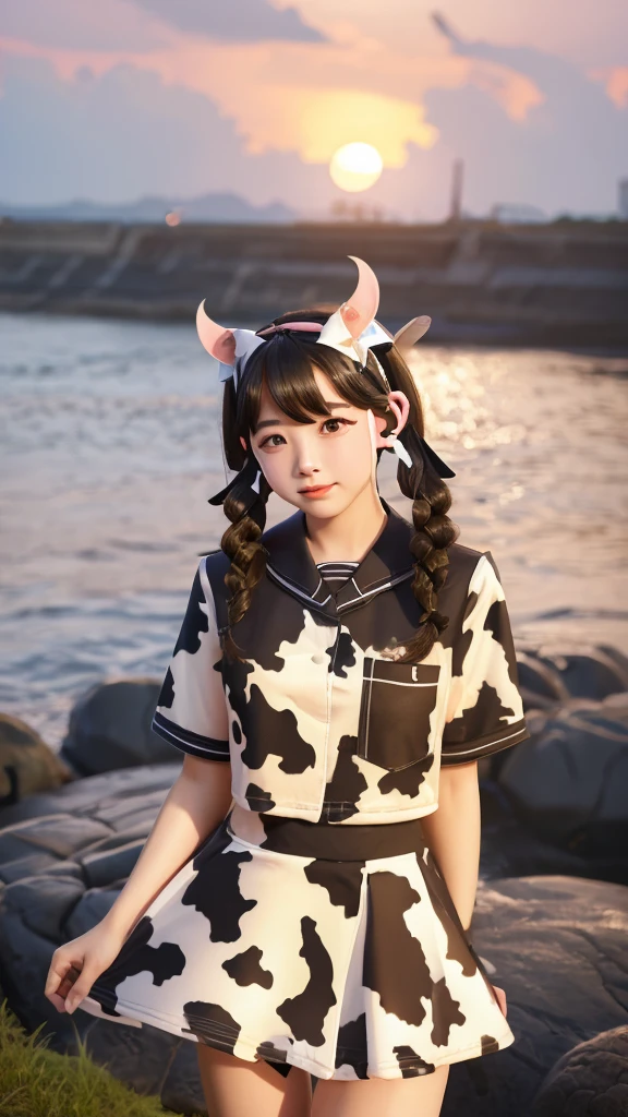 (cow pattern uniform:1.3), (Cat ears:1.3), Many cows, sundown seashore,