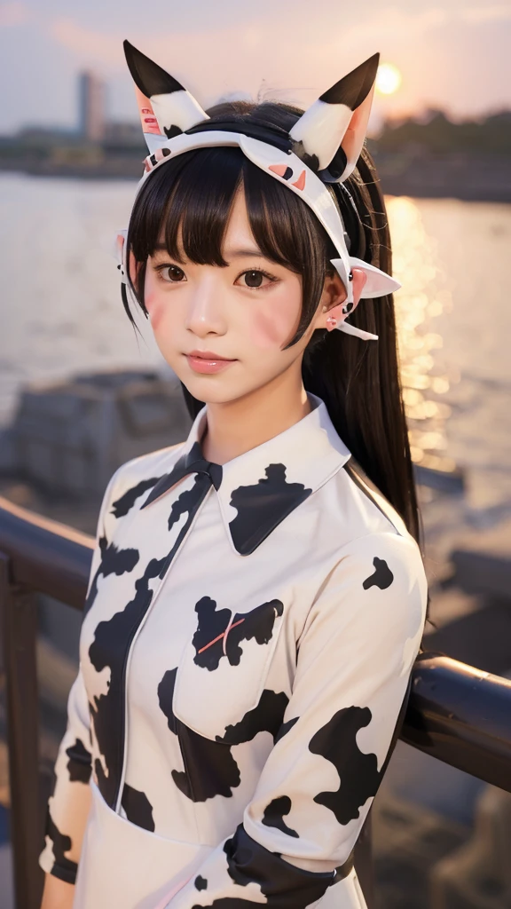 (cow pattern uniform:1.3), (Cat ears:1.3), Many cows, sundown seashore,