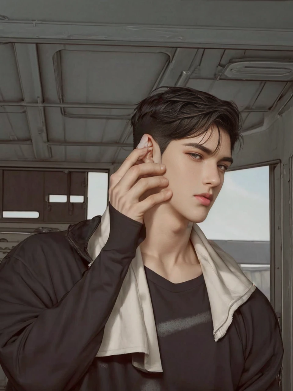 masterpiece, 1boy, adults, handsome, black hair, undercut hair, perfect face, detailed eyes and face, black eyes, clean shaved, muscular, capturing a rural atmosphere, dynamic lighting, unreal engine 5, handphone