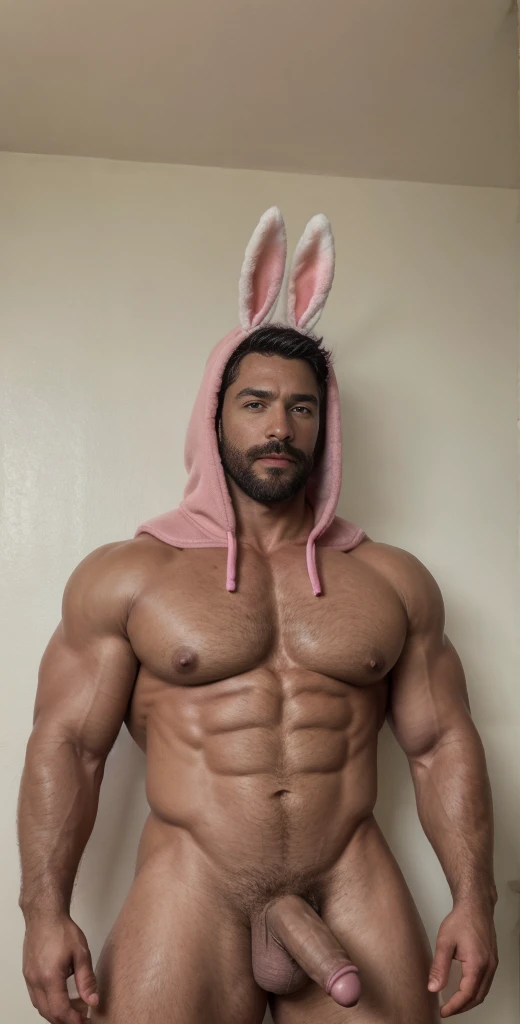 1boy, solo, facial hair, male focus, bulge, pectorals, bara, muscular, mature male, muscular male, abs, beard, nipples, short hair, navel, stomach, large pectorals, thick eyebrows, bare pectorals, dark-skinned male, animal costume, erection, thighs, erection under clothes, animal hood, dark skin, open clothes, animal ears, hood, pink bodysuit, pectoral cleavage, cowboy shot, feet out of frame, thick thighs, looking at viewer, fake animal ears, rabbit costume, masterpiece, 4k, high quality, highres, absurdres,