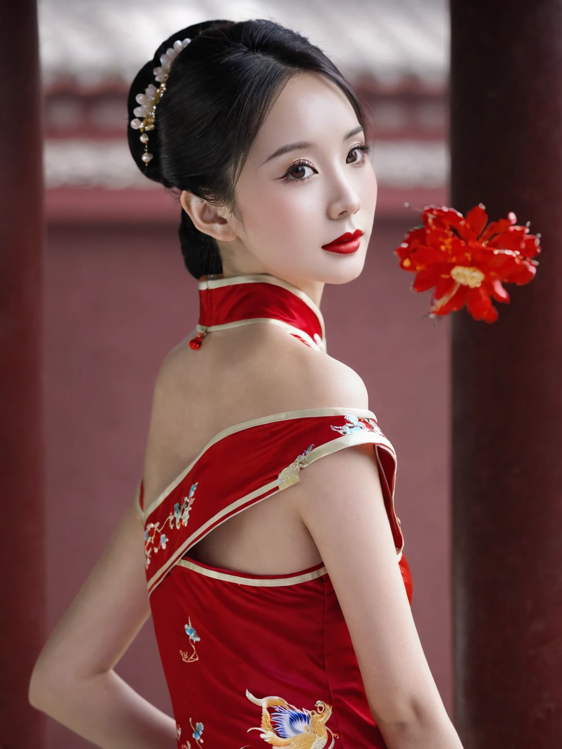 Close-up of a woman in a red dress，She is posing for a picture, wearing a red cheongsam, Beautiful Chinese model, Chinese, Japanese Goddess, traditional Chinese, cheongsam, Traditional Beauty, Ghost Festival, Sexy pose, sha xi, Chinese Princess, Chinese Girl, Wearing Chinese clothing, wearing red clothes，Stick your butt up，Uncovered clothing