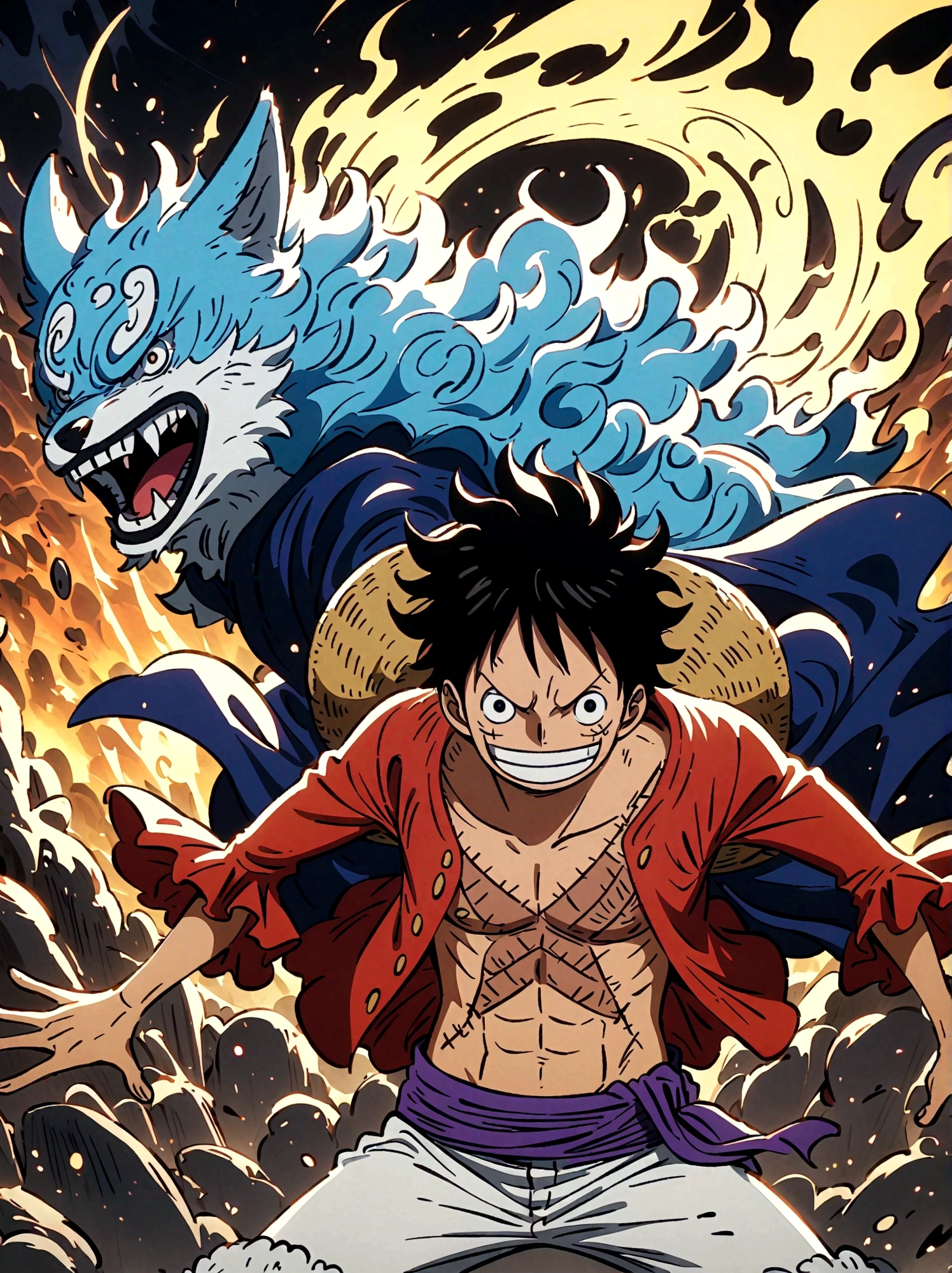 Create an exciting poster with Luffy from "one piece" em um ataque de raiva, wolf-headed. Capture the essence of his fiery determination and unyielding spirit as he unleashes his wrath on his enemies. Mantenha-o curto, ousado, e intenso para transmitir o poder bruto da raiva de Luffy, boy, anime