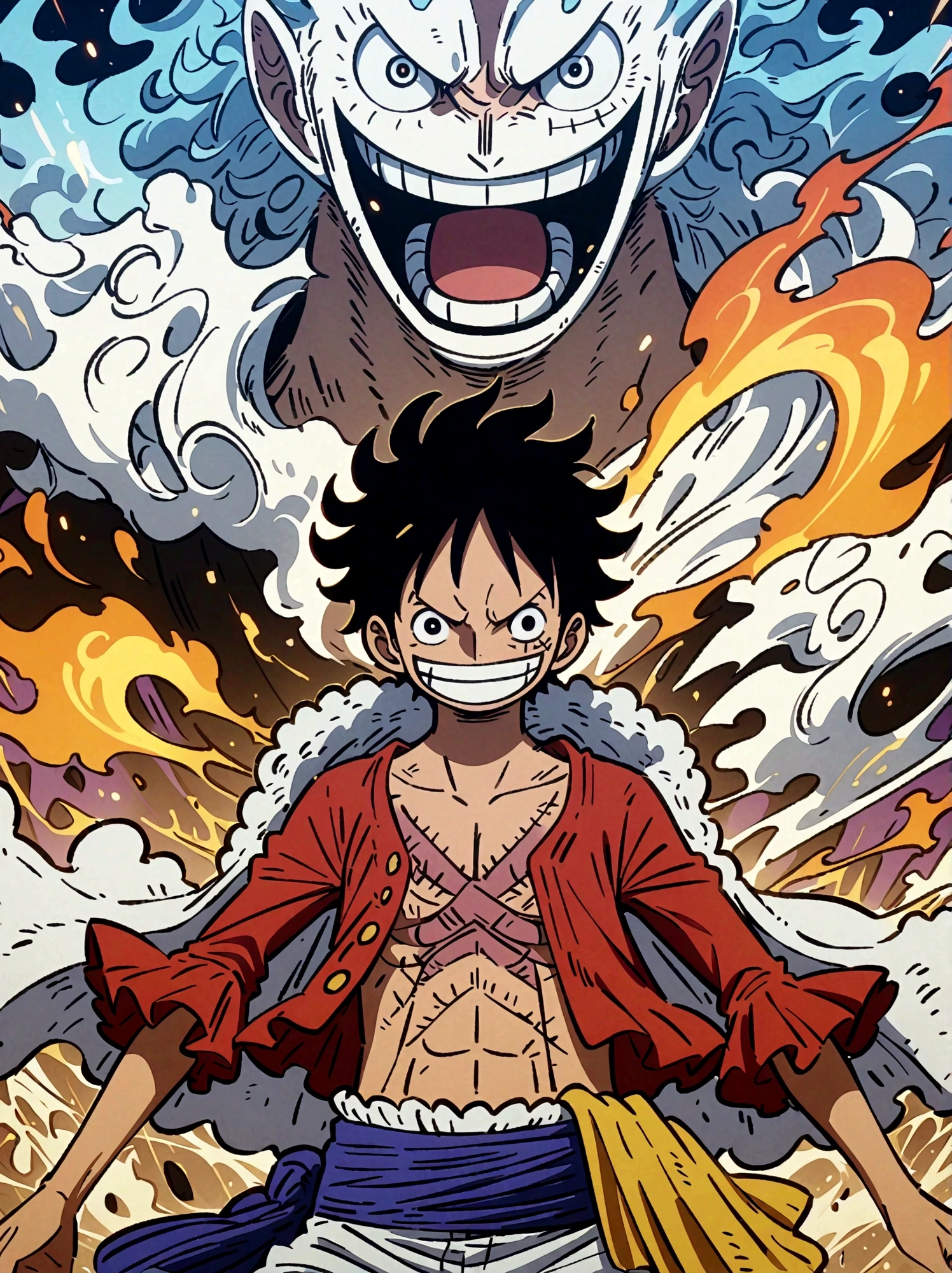 Create an exciting poster with Luffy from "one piece" em um ataque de raiva, wolf-headed. Capture the essence of his fiery determination and unyielding spirit as he unleashes his wrath on his enemies. Mantenha-o curto, ousado, e intenso para transmitir o poder bruto da raiva de Luffy, boy, anime