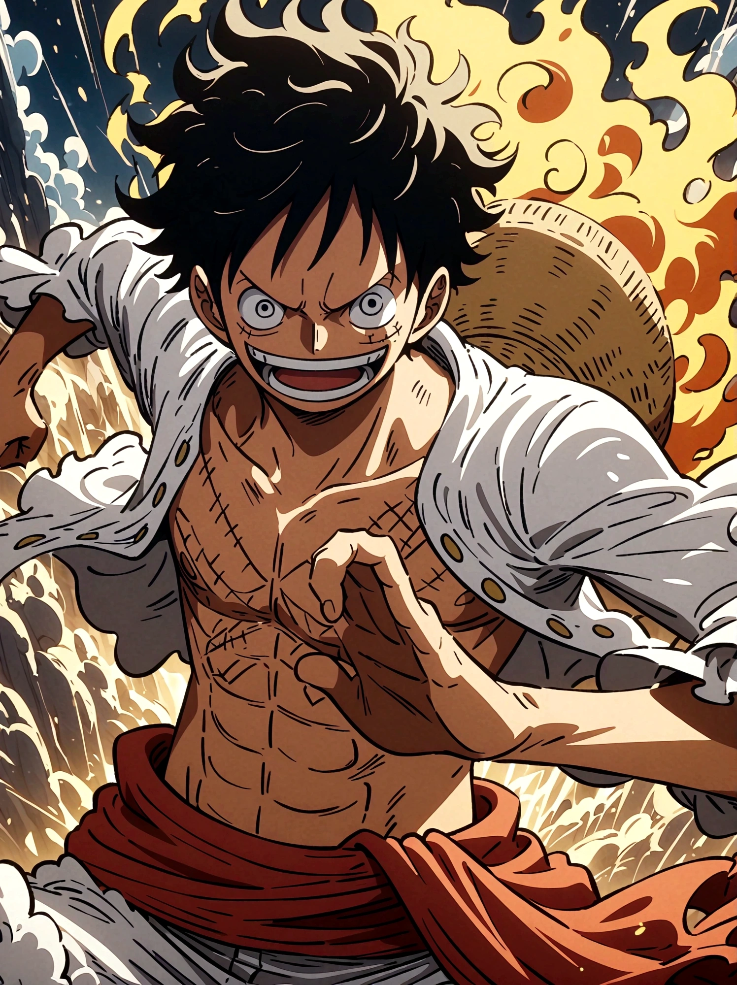 Create an exciting poster with Luffy from "one piece" em um ataque de raiva, wolf-headed. Capture the essence of his fiery determination and unyielding spirit as he unleashes his wrath on his enemies. Mantenha-o curto, ousado, e intenso para transmitir o poder bruto da raiva de Luffy, boy, anime