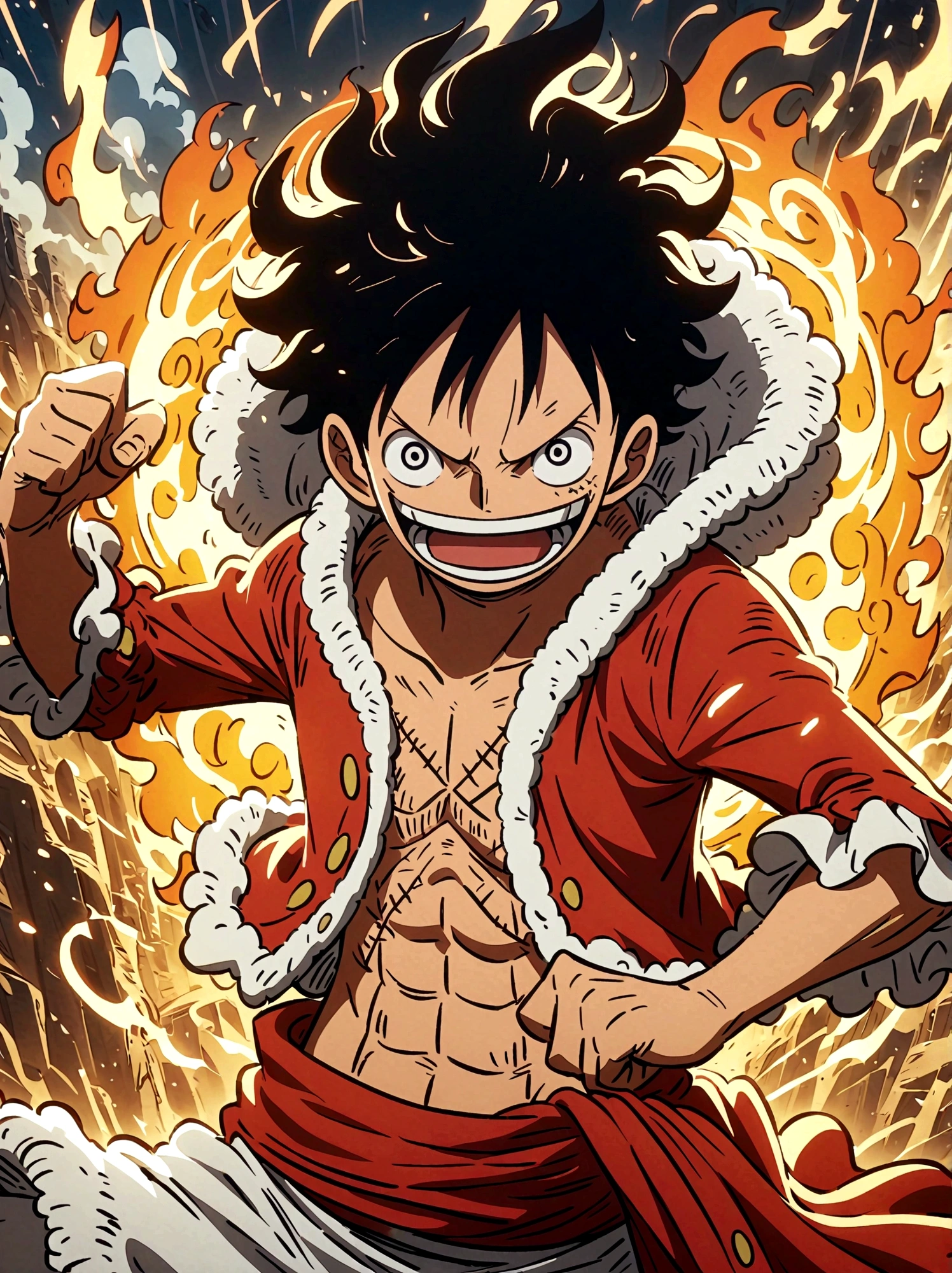 Create an exciting poster with Luffy from "one piece" em um ataque de raiva, wolf-headed. Capture the essence of his fiery determination and unyielding spirit as he unleashes his wrath on his enemies. Mantenha-o curto, ousado, e intenso para transmitir o poder bruto da raiva de Luffy, boy, anime