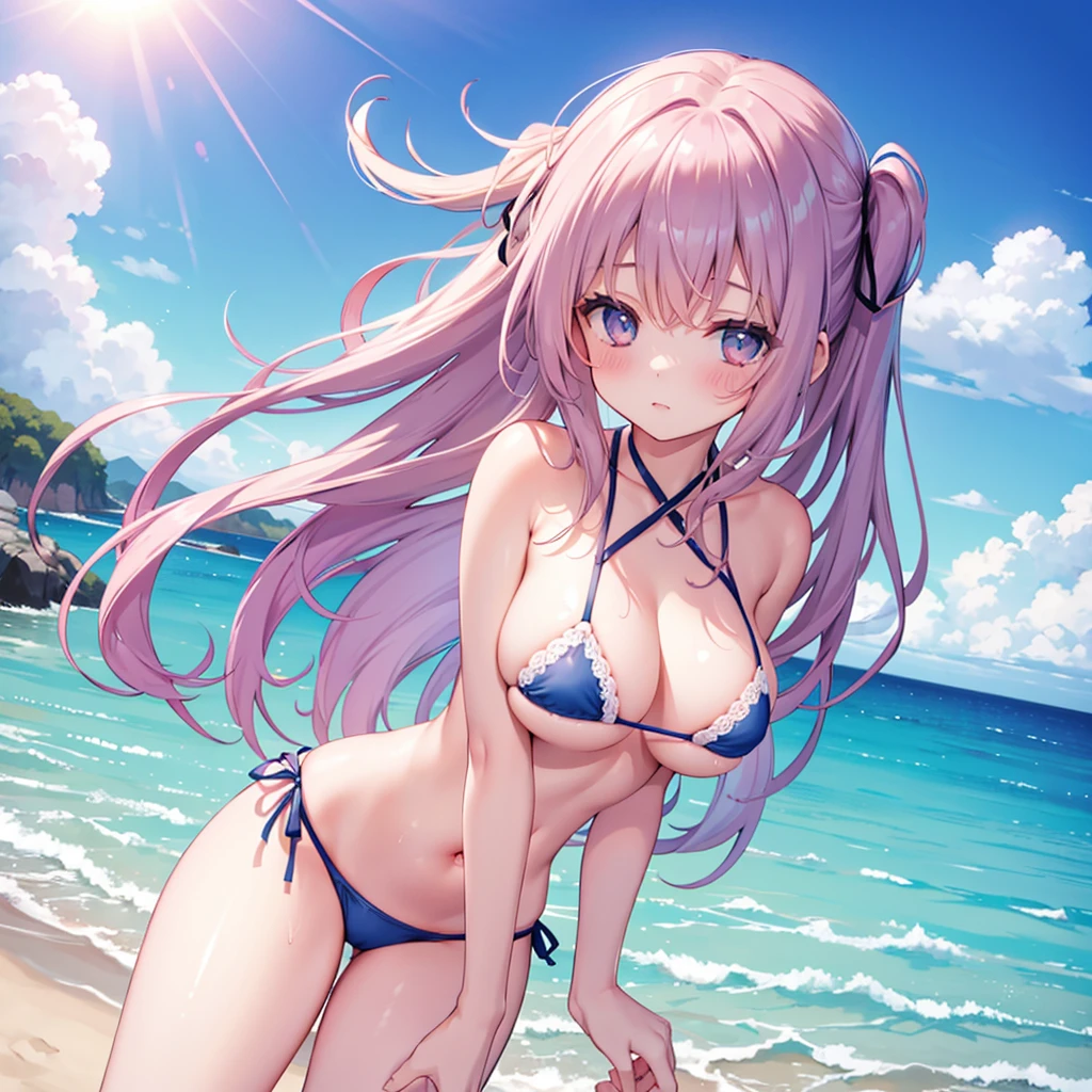 One girl,alone,blush,Wet,Spread your legs, Big Breasts, Cross lace bikini, Bare arms, Seaside, blue sky, sunlight, multi strapped bikini,topless