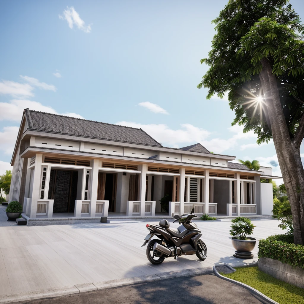 1 main wood door, many glass door, concrete, wood wall,white, modern villa, palm, plant, beautiful sky, wood facade, architecture, beautiful, masterpiece, best quality, super detailed, realistic, photorealistic, 8k, sharp focus, droste effect photography, macro photography, warm interior lighting 1.2, afternoon sky