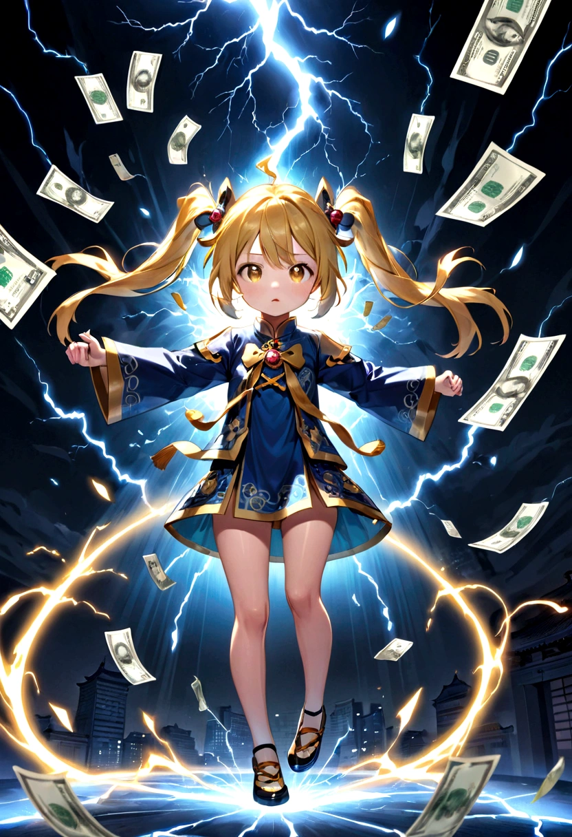 Dark yellow hair、Twin tails、Girl in china clothes、I have a bill、Several bills are floating in the air、cute、Looking at this、Electricity flows from the banknote、Electricity is black、Standing with your legs apart、high resolution、High definition