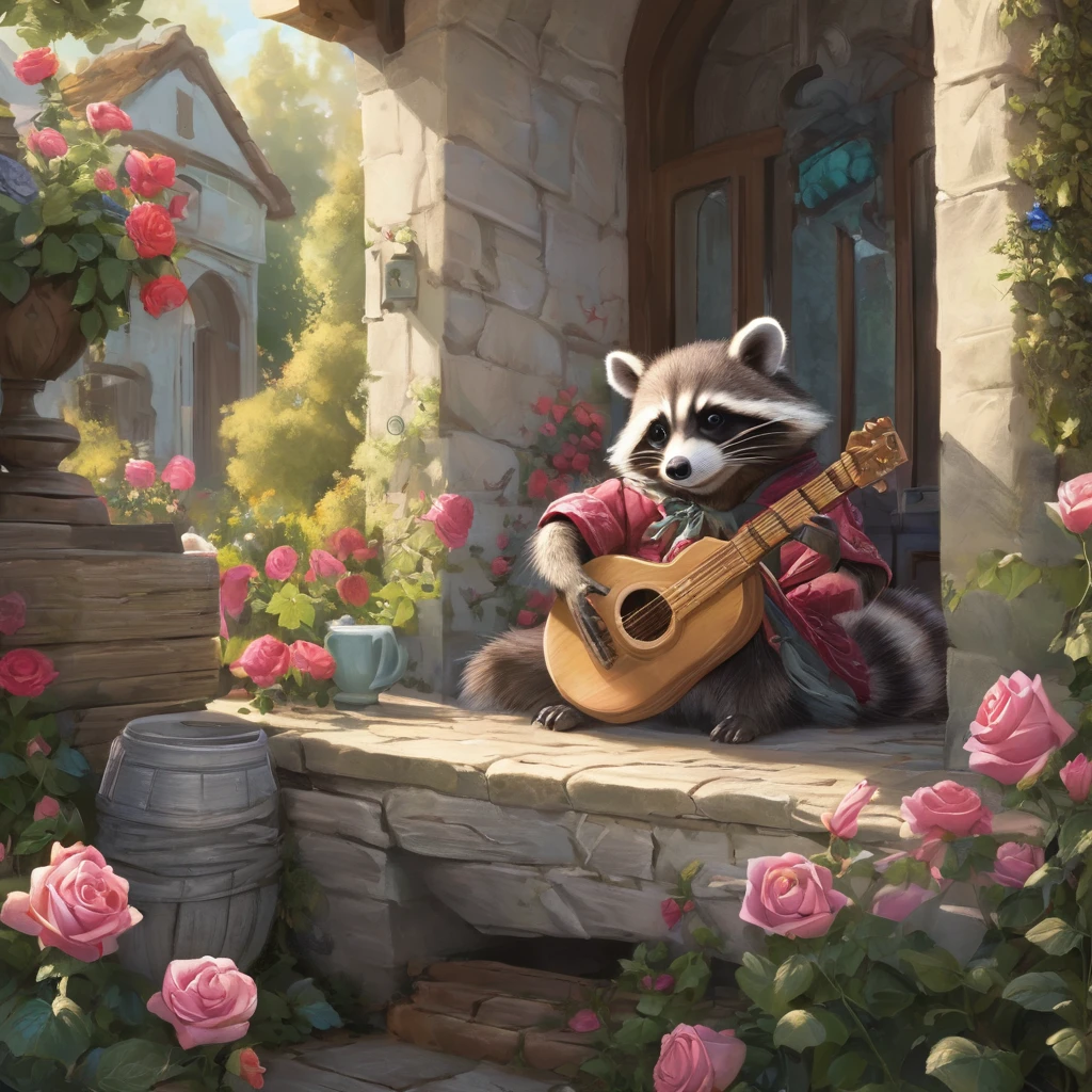 professional painting by Alayna Lemmer of a racoon playing lute. The racoon is wearing silk scarf and surrounded by roses. It is summer morning time and clear weather. cinematic focus on the racoon, dynamic pose, dynamic background, dynamic composition, dynamic lighting, realistic proportions, hdr, raytracing, extreme detailed, ultra detailed, intricate details, highly detailed atmosphere, highly detailed textures、cute