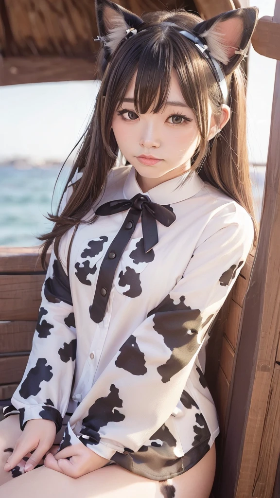 (cow pattern uniform:1.3), (Cat ears:1.3), Many cows, sundown seashore,