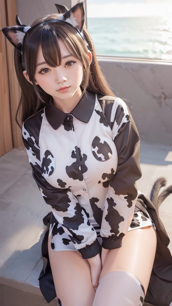 (cow pattern uniform:1.3), (Cat ears:1.3), Many cows, sundown seashore,