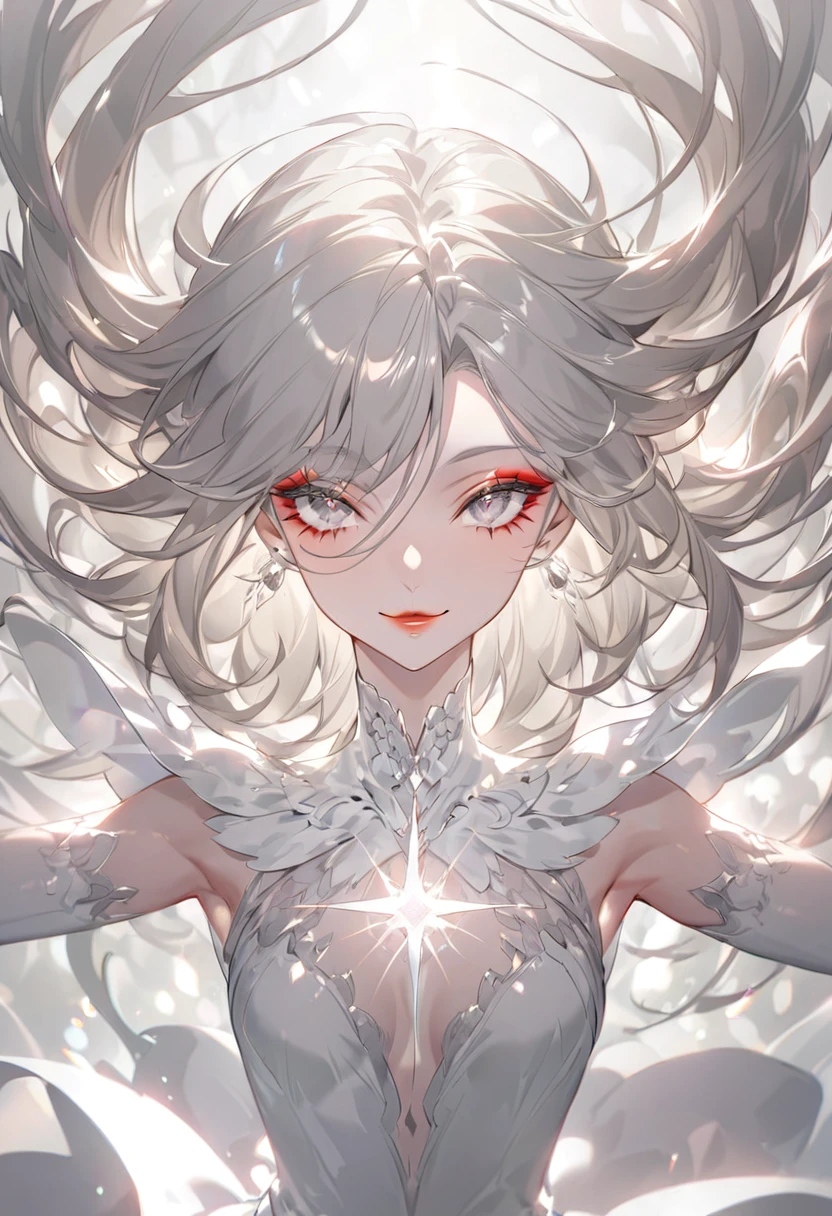 very_Long eyelashes, Detailed lips, A radiant smile, Soft Skin, Shiny Hair,Exquisite makeup,Heavy bangs，Open your arms and come towards me，Dilated grey eyes