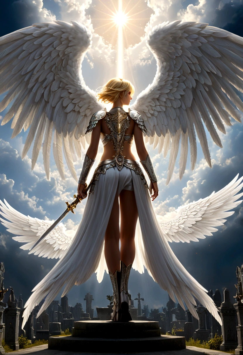 a model shot (taken from the back: 1.5), 16K, ultra detailed, masterpiece, best quality, (extremely detailed), arafed, dnd art, portrait, full body, aasimar, female, (Masterpiece 1.3, intense details), female, paladin, holy warrior, spread large angelic wings, white angelic wings spread (Masterpiece, intense details: 1.5), moon light, moon, stars, clouds, holy symbol, armed with sword, short blond hair, dark fantasy cemetery background, anatomically correct (Masterpiece 1.3, intense details), angel_wings, determined face, god rays, cinematic lighting, glowing light, silhouette, from outside, photorealism, panoramic view (Masterpiece 1.3, intense details) , Wide-Angle, Ultra-Wide Angle, 16k, highres, best quality, high details