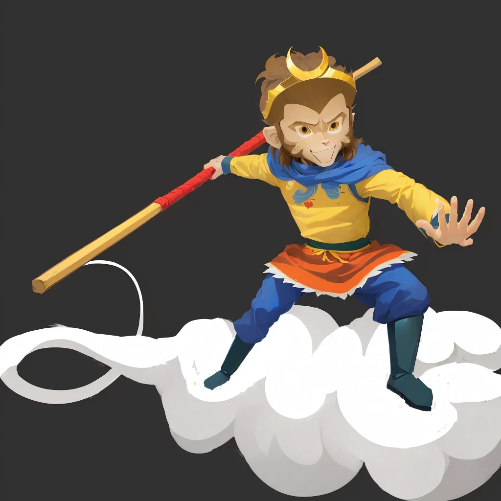 A person in costume、Cartoon illustration of a man standing on a cloud holding a stick, sun Wukong, Sun Wukong, Wukong, Journey to the West, Smart monkey with long knife, Journey to the West. Pop Art, Humanoid monkey fantasy race, Akira in Chinese mythology, Ashura，From Chinese mythology, Inspired by Hu Zaobin