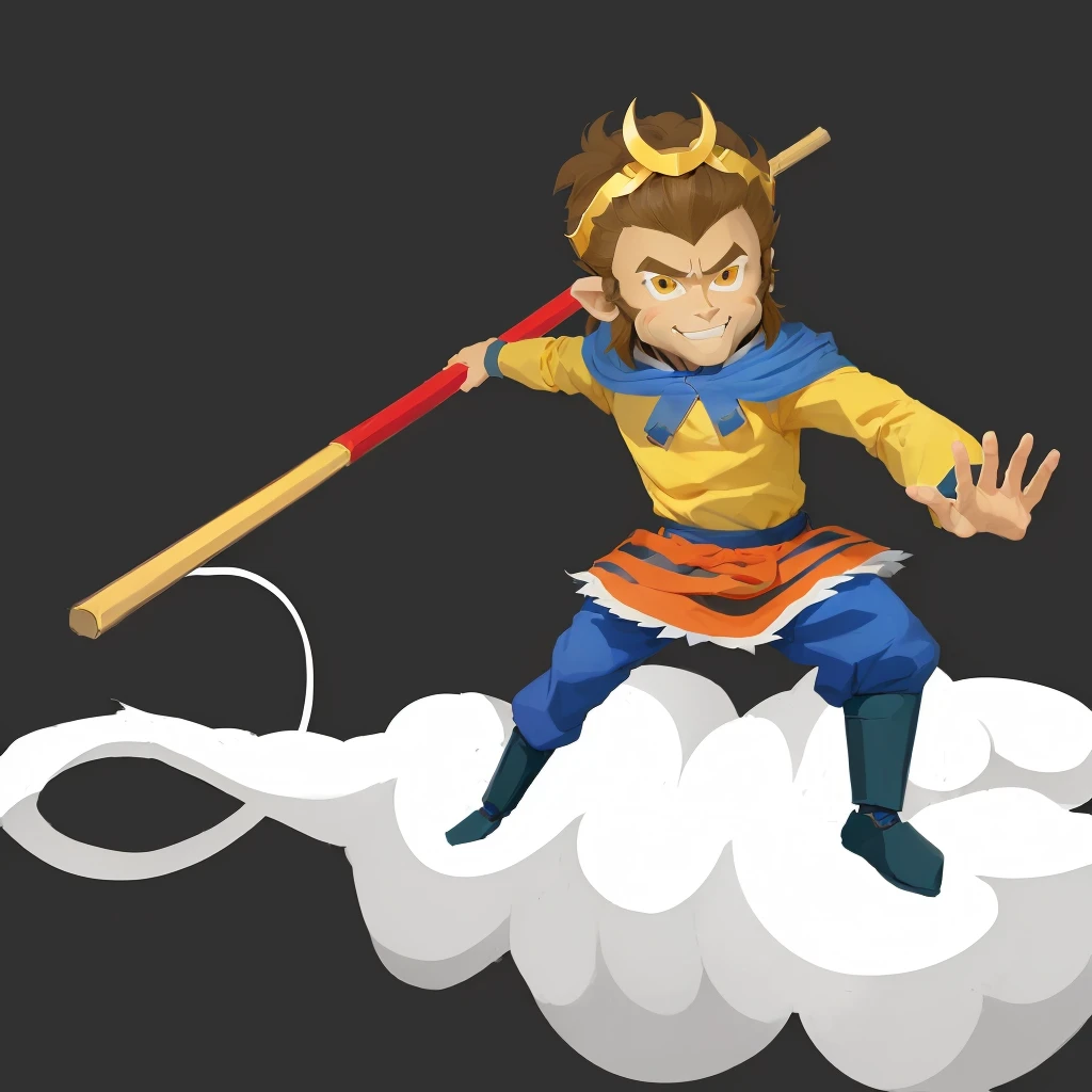 A person in costume、Cartoon illustration of a man standing on a cloud holding a stick, sun Wukong, Sun Wukong, Wukong, Journey to the West, Smart monkey with long knife, Journey to the West. Pop Art, Humanoid monkey fantasy race, Akira in Chinese mythology, Ashura,From Chinese mythology, Inspired by Hu Zaobin