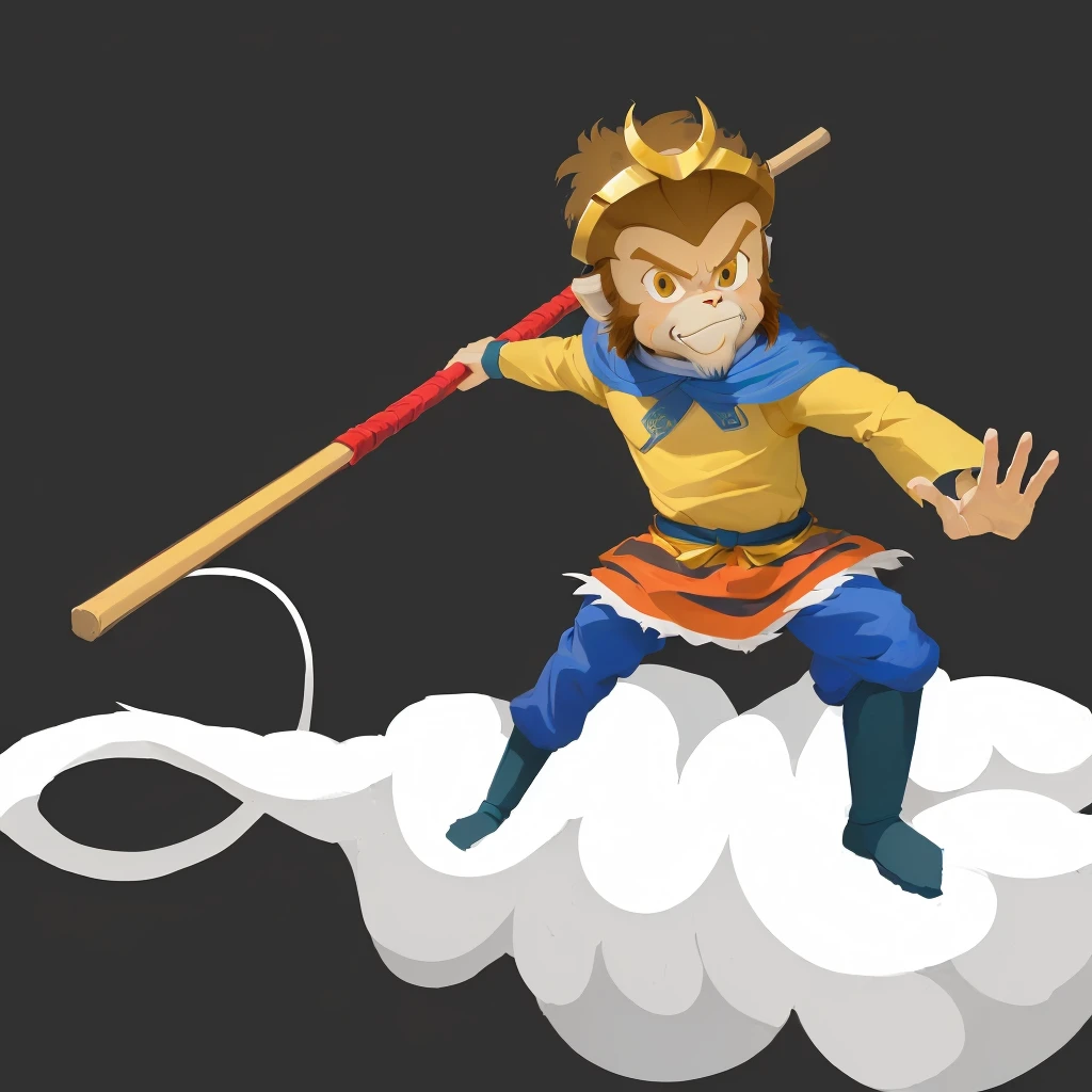 A person in costume、Cartoon illustration of a man standing on a cloud holding a stick, sun Wukong, Sun Wukong, Wukong, Journey to the West, Smart monkey with long knife, Journey to the West. Pop Art, Humanoid monkey fantasy race, Akira in Chinese mythology, Ashura，From Chinese mythology, Inspired by Hu Zaobin